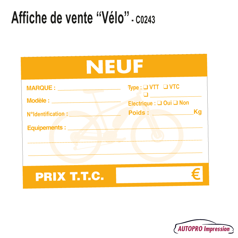 Affichage de Vente Vélo - Neuf Carton
