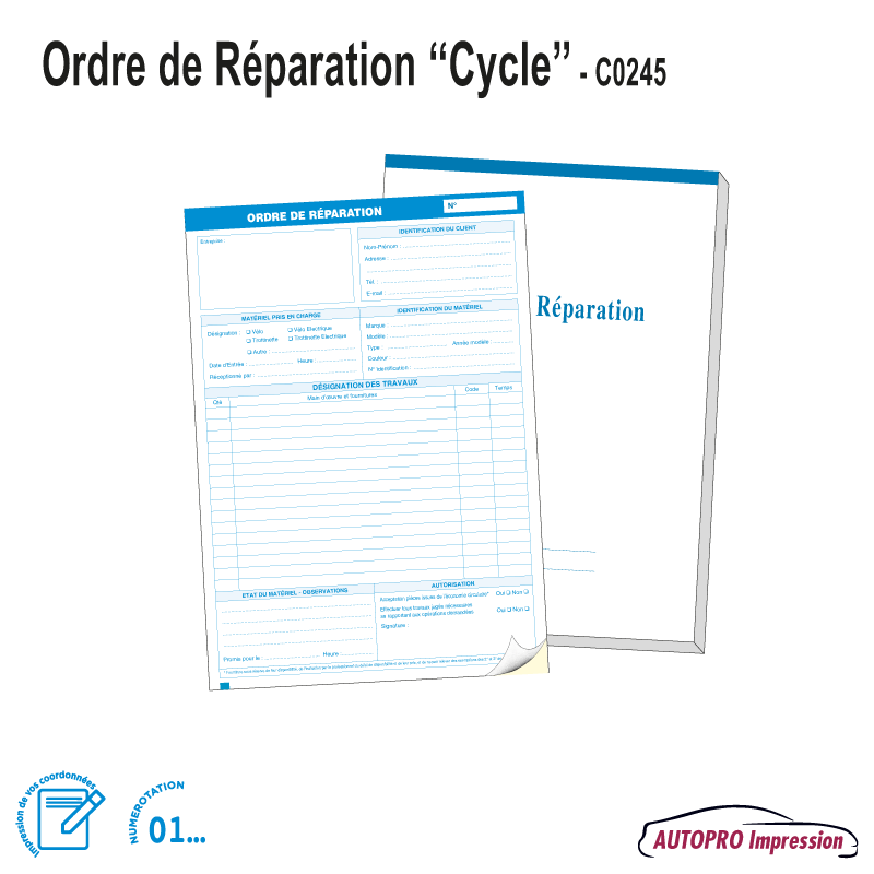 Carnet Ordre de Réparation A5 Vélo - Trottinette - Cycle