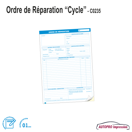 Ordre de Réparation Vélo/Trottinette/Cycle - Dupli Carton A5 - Bloc de 100