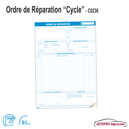 Ordre de Réparation Vélo/Trottinette/Cycle - Dupli Carton A4 - Bloc de 100