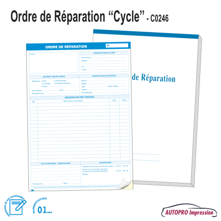 Carnet Ordre de Réparation A4 Vélo - Trottinette - Cycle
