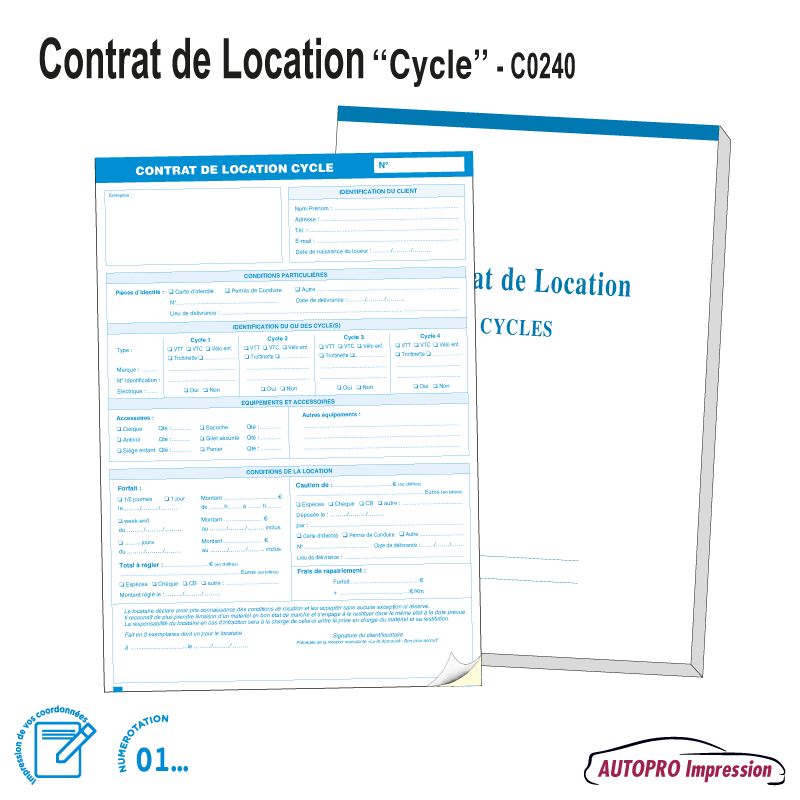 Carnet Contrat de Location - Vélo/Trottinette/Cycle