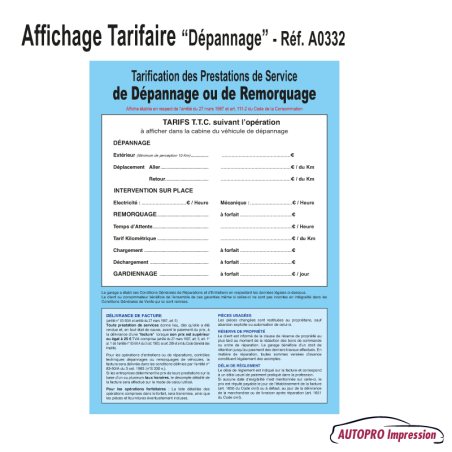 Affichage Tarifaire Dépannage/Remorquage/Assistance