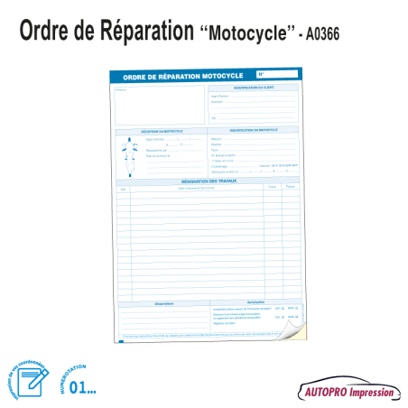 Ordre de Réparation Motocycle - Carton A4 - Bloc de 100 Duplicatas