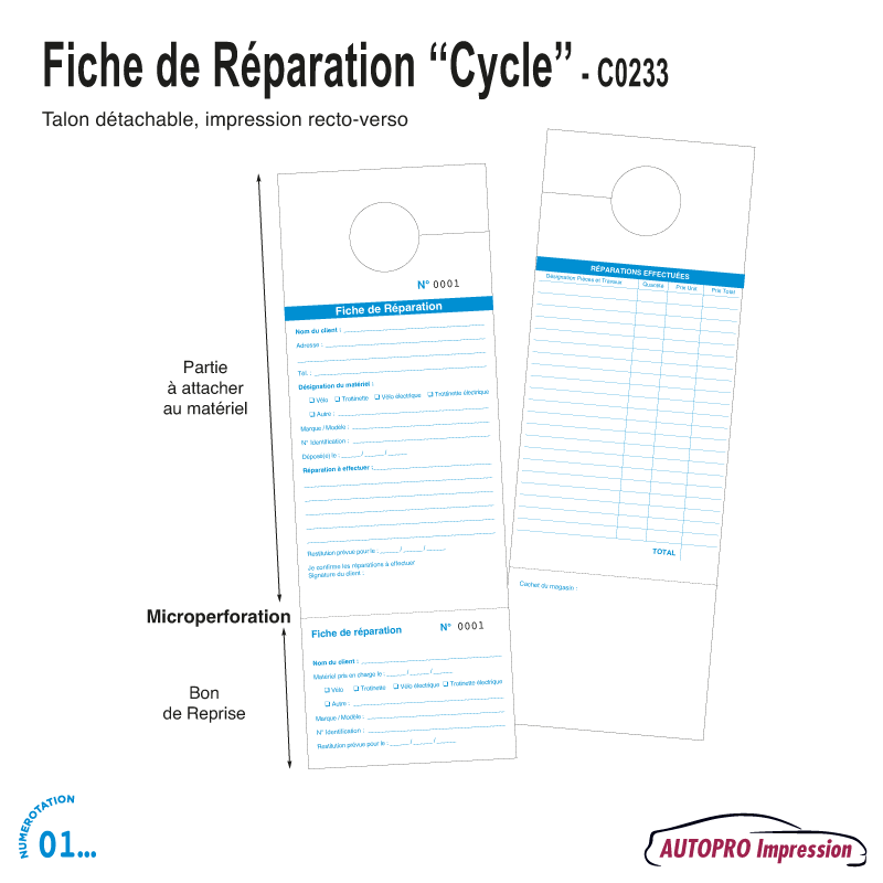 Fiche de Réparation - Identifiant - Bon de Reprise Cycle - Lot de 100