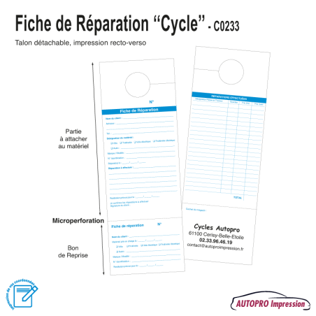 Fiche de Réparation - Identifiant - Bon de Reprise Cycle - Lot de 100