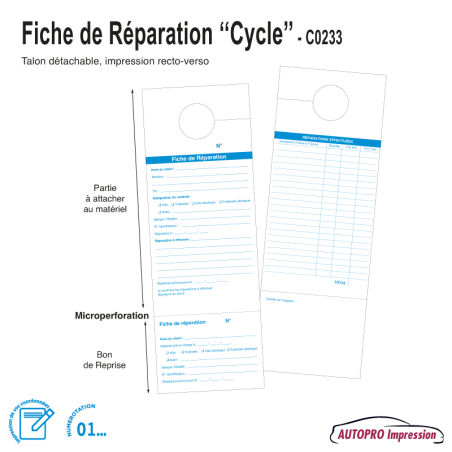 Fiche de Réparation - Identifiant - Bon de Reprise Cycle - Lot de 100